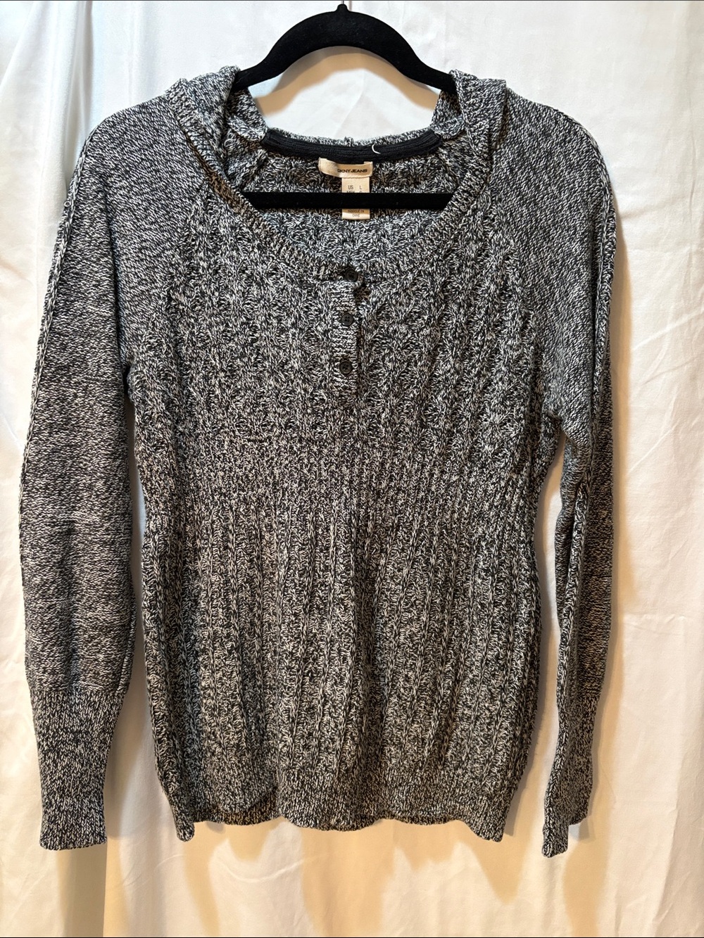 DKNY Marled Black & White Scoop Neck Henley Sweater